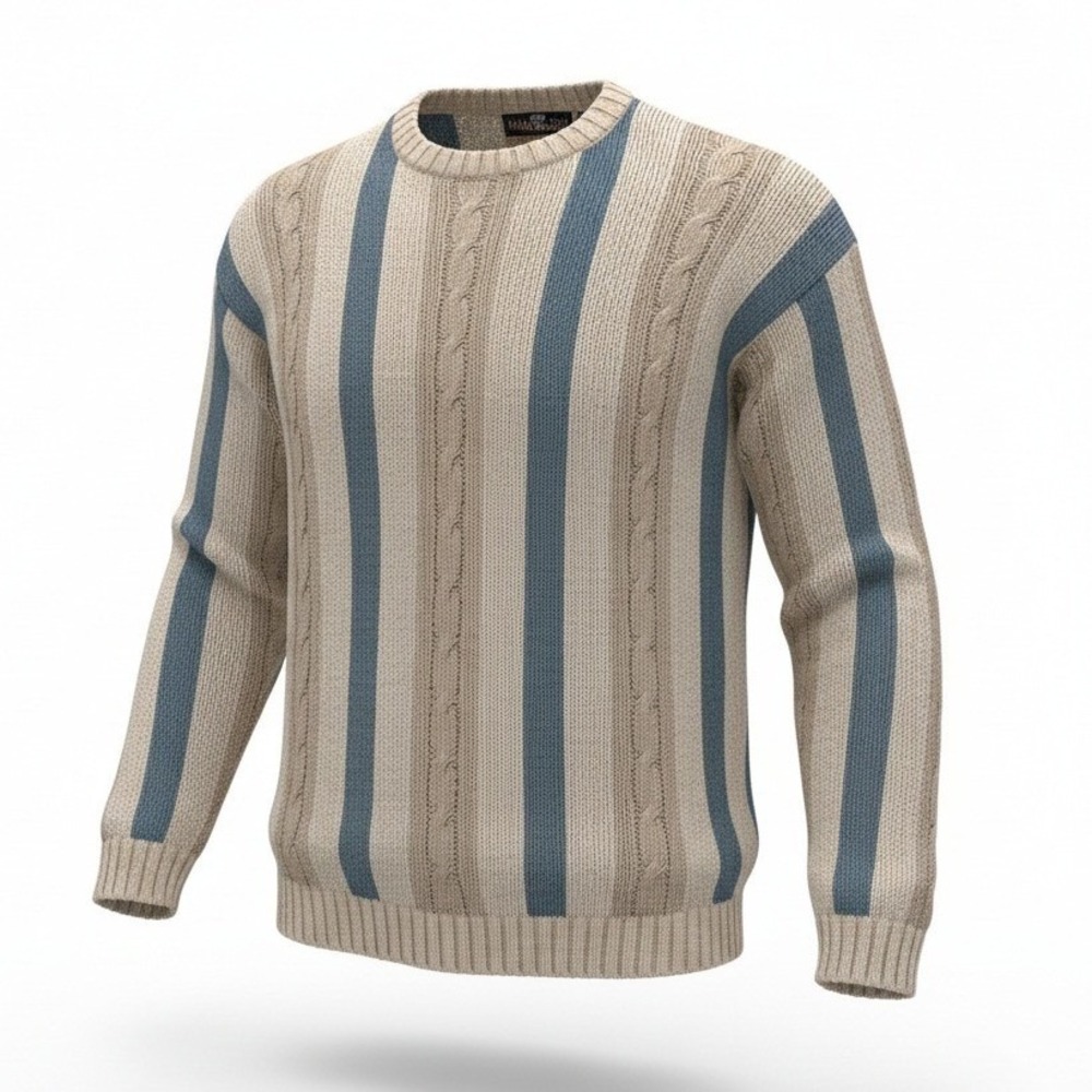Striped Crewneck Sweater - Beige and Blue